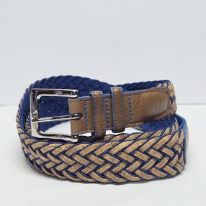 Torino Men’s 52 Woven Leather Belt Cork Fabric Weave Made In USA Cobalt Blue/Tan